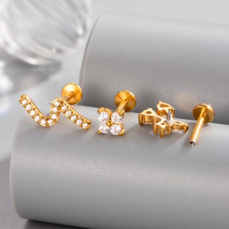 Boucles d'oreilles piercing en acier inoxydable étanche couleur or avec zircon (1 pièce) 2