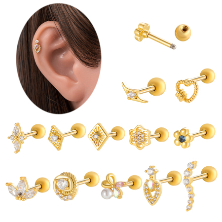 1 pièce de boucles d'oreilles piercing pour femme en forme de cœur simple, couleur cuivre et or, zircone 2