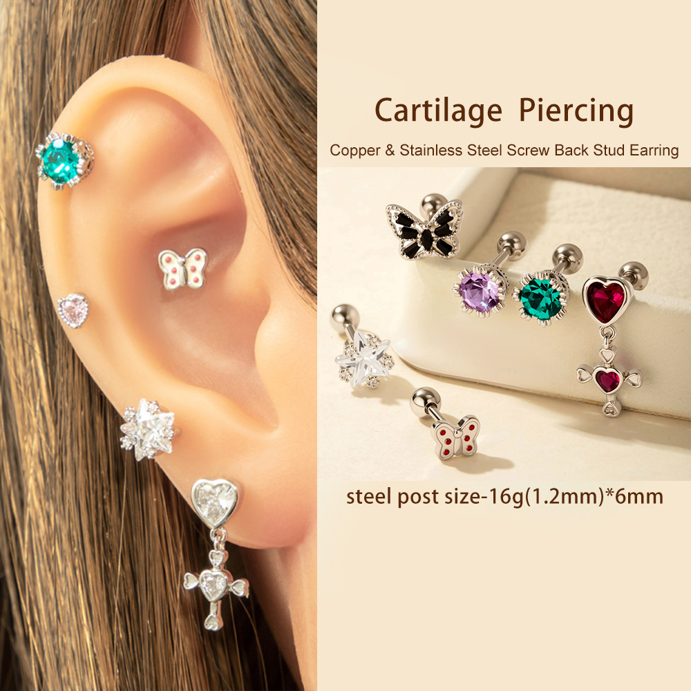 1 Pièce De Boucles D'Oreilles Piercing Pour Femme En Forme De Cœur Simple, En Cuivre Sans Placage, En Zircone Image3