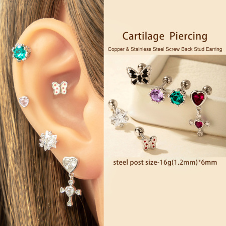 1 pièce de boucles d'oreilles piercing pour femme en forme de cœur simple, en cuivre sans placage, en zircone 2