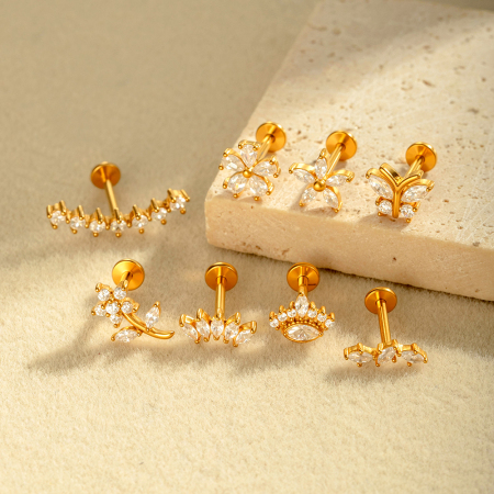 Boucles d'oreilles piercing en acier inoxydable doré, imperméables, en forme de fleur, avec zircon (1 pièce).