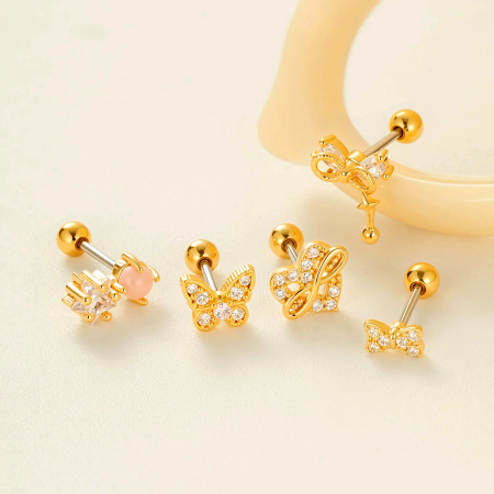 Boucles d'oreilles piercing en forme de nœud papillon en cuivre doré et zircon