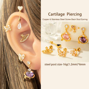 1 Pièce De Boucles D'Oreilles Piercing Pour Femme En Forme De Cœur Simple, Couleur Cuivre Et Or, Zircone h5 Image3