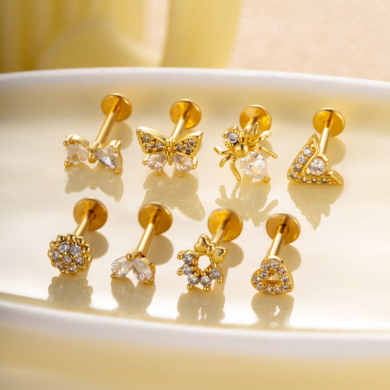 1 Pièce De Boucles D'Oreilles Simples En Forme De Nœud Papillon Quotidien, Couleur Cuivre Or Et Zircon, Pour Femmes Image5