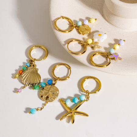 Boucles d'oreilles pendantes étanches en acier inoxydable doré, motif étoile de mer, collection Océan (1 pièce) 2
