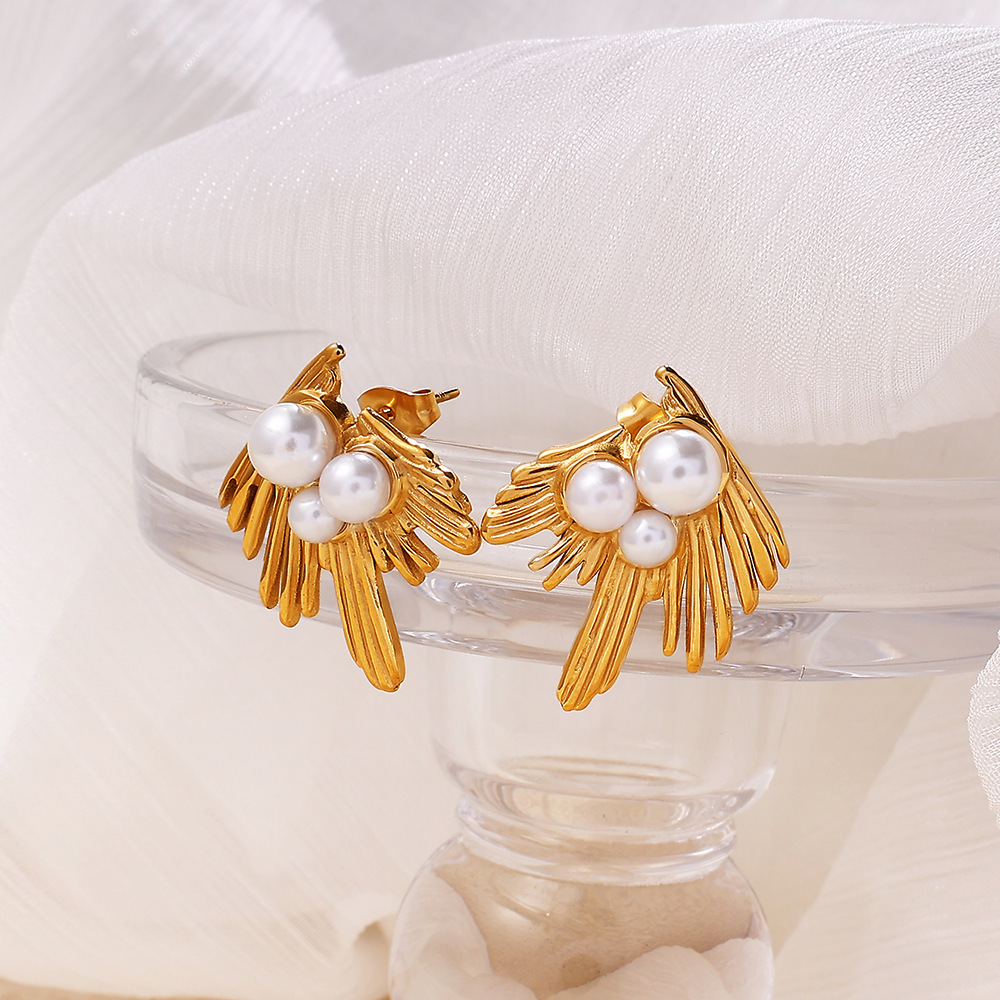 Boucles D'Oreilles Puces Feather En Acier Inoxydable Étanche Couleur Or h5Image3