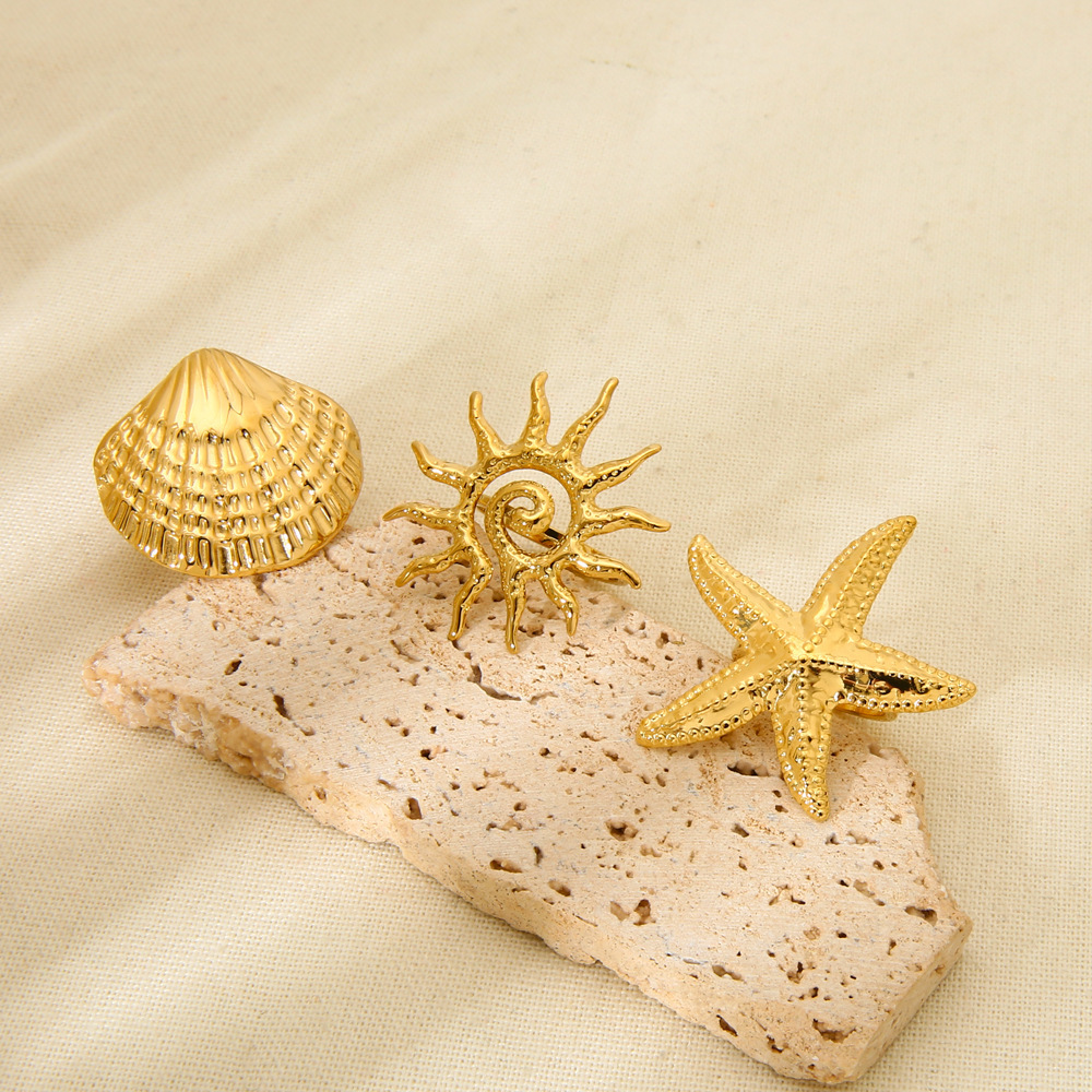 Bagues Pour Femmes En Acier Inoxydable Doré, Étanches, Motif Étoile De Mer Soleil, Design Tendance h5Image2
