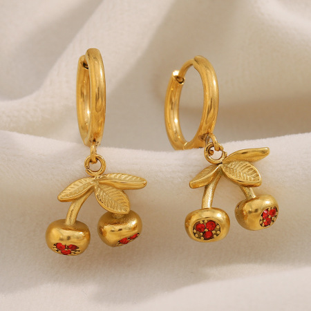 Boucles D'Oreilles Puces Pour Femmes, Motif Cerise Douce, En Acier Inoxydable Étanche, Collection Simple Series