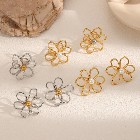Boucles d'oreilles en acier inoxydable imperméable couleur or, motif floral 2