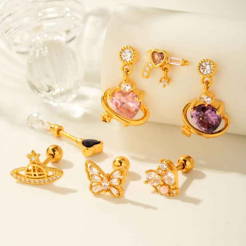 1 Pièce De Boucles D'Oreilles Piercing Pour Femme En Forme De Cœur Simple, Couleur Cuivre Et Or, Zircone h5Image6