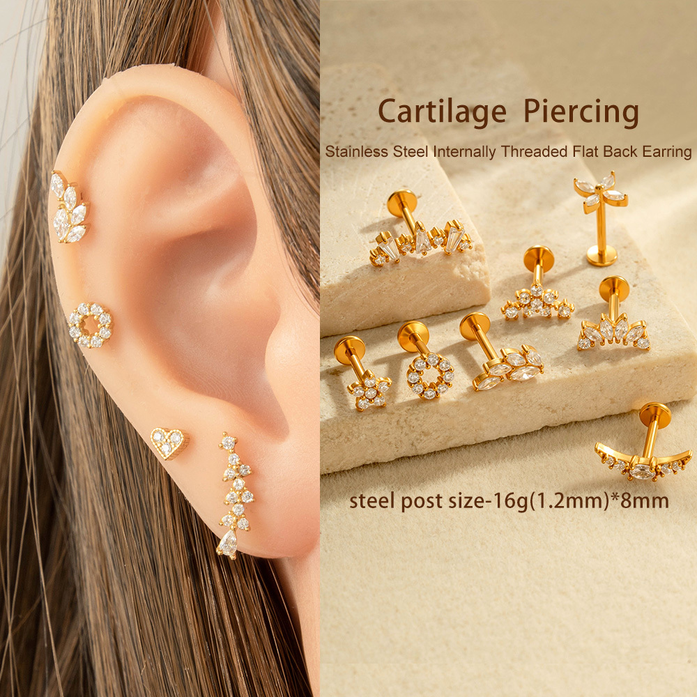 Boucles D'Oreilles Piercing En Acier Inoxydable Étanche Couleur Or Avec Zircon (1 Pièce) h5Image4