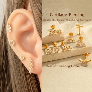 Boucles D'Oreilles Piercing En Acier Inoxydable Étanche Couleur Or Avec Zircon (1 Pièce) h5 Image4