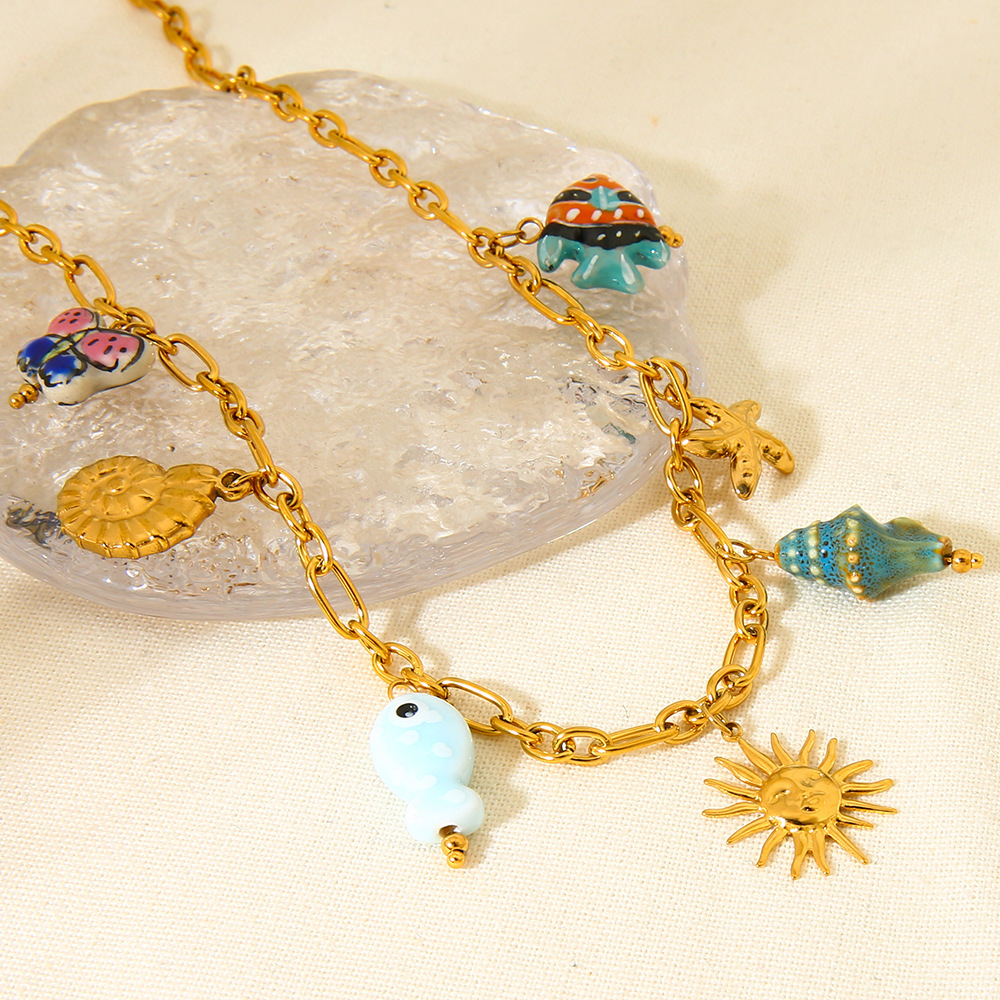 Collier Femme Étanche Avec Pendentif En Céramique À Motif Marin Et Acier Inoxydable h5Image3