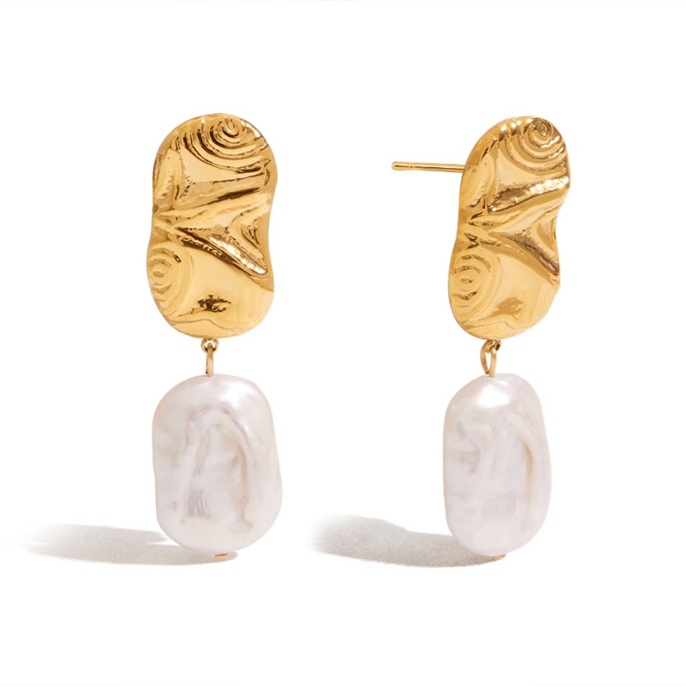 Boucles D'Oreilles Pendantes Rétro En Acier Inoxydable Étanche Couleur Or Avec Perles 