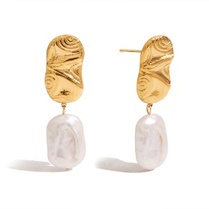 Boucles D'Oreilles Pendantes Rétro En Acier Inoxydable Étanche Couleur Or Avec Perles h5 