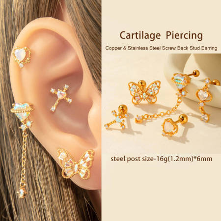 1 pièce de boucles d'oreilles piercing pour femme en forme de cœur simple, couleur cuivre et or, zircone 2