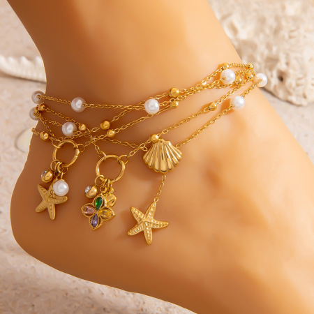 Bracelet de cheville femme étanche en acier inoxydable avec pendentif étoile de mer léger et luxueux