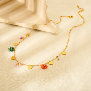 1 Paire De Colliers Pendentifs Pour Femmes, Collection Romantique « Douce Fleur », En Acier Inoxydable Étanche Couleur Or Et Verre. h5 Image2