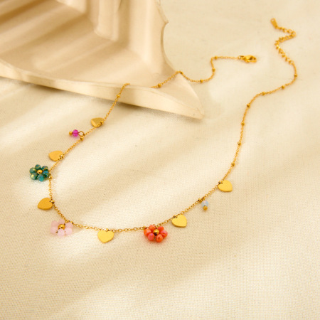 1 paire de colliers pendentifs pour femmes, collection romantique « Douce fleur », en acier inoxydable étanche couleur or et verre. 2