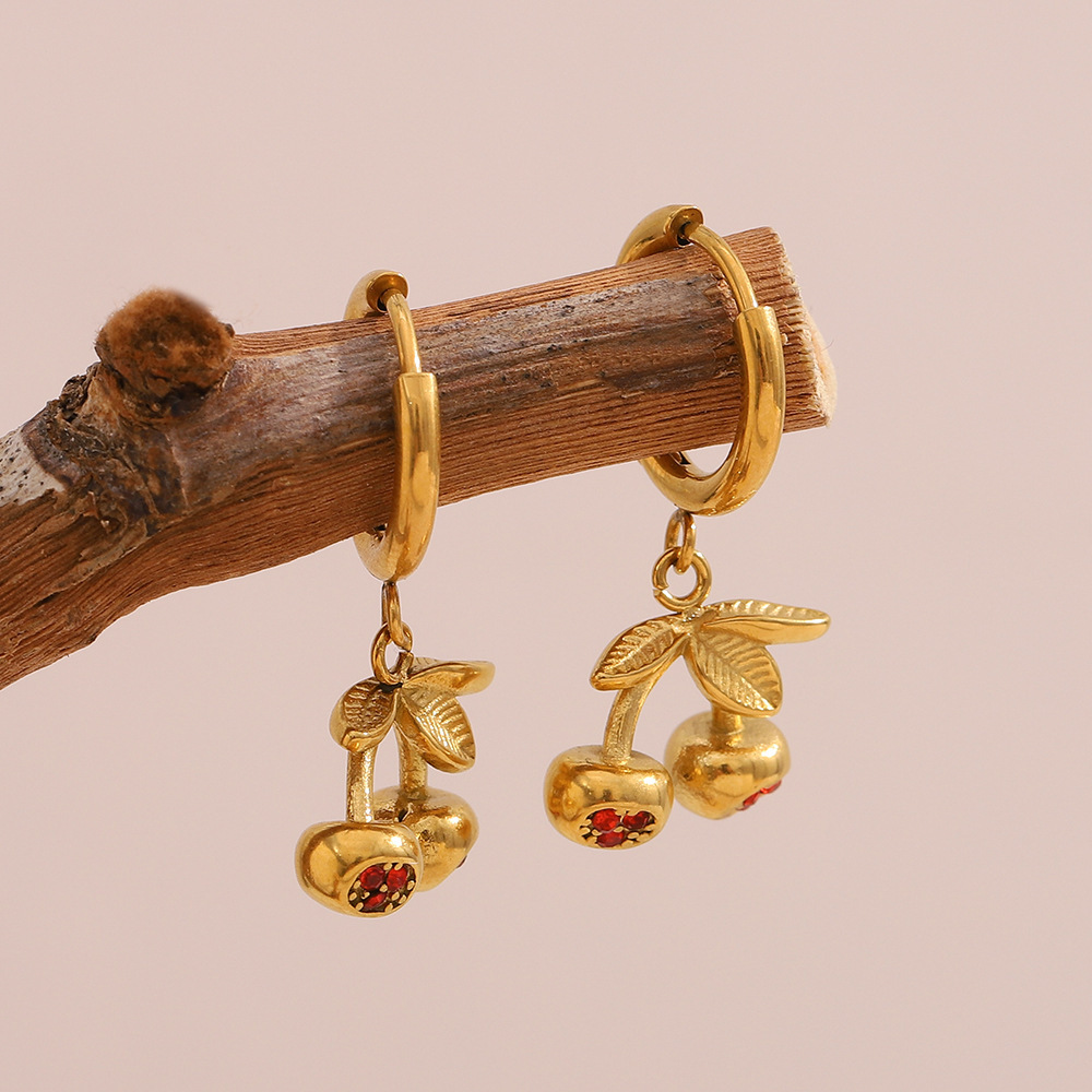 Boucles D'Oreilles Puces Pour Femmes, Motif Cerise Douce, En Acier Inoxydable Étanche, Collection Simple Series Image3