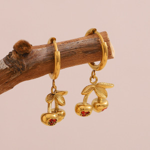 Boucles D'Oreilles Puces Pour Femmes, Motif Cerise Douce, En Acier Inoxydable Étanche, Collection Simple Series h5 Image3