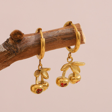 Boucles D'Oreilles Puces Pour Femmes, Motif Cerise Douce, En Acier Inoxydable Étanche, Collection Simple Series 2