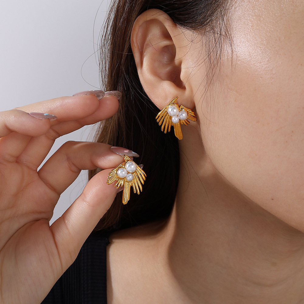 Boucles D'Oreilles Puces Feather En Acier Inoxydable Étanche Couleur Or h5Image5