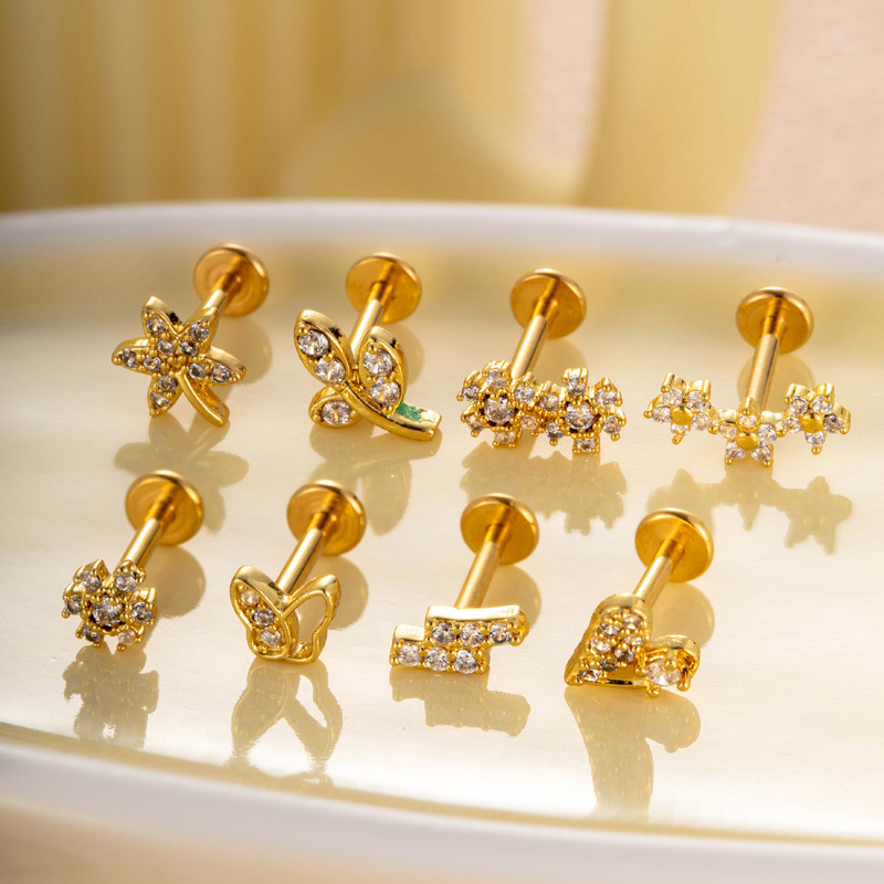 1 Pièce De Boucles D'Oreilles Piercing Pour Femme En Forme De Cœur Simple, Couleur Cuivre Et Or, Zircone h5Image5