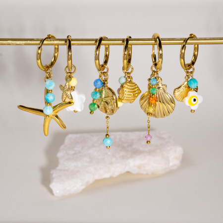 Boucles d'oreilles pendantes étanches en acier inoxydable doré, motif étoile de mer, collection Océan (1 pièce)