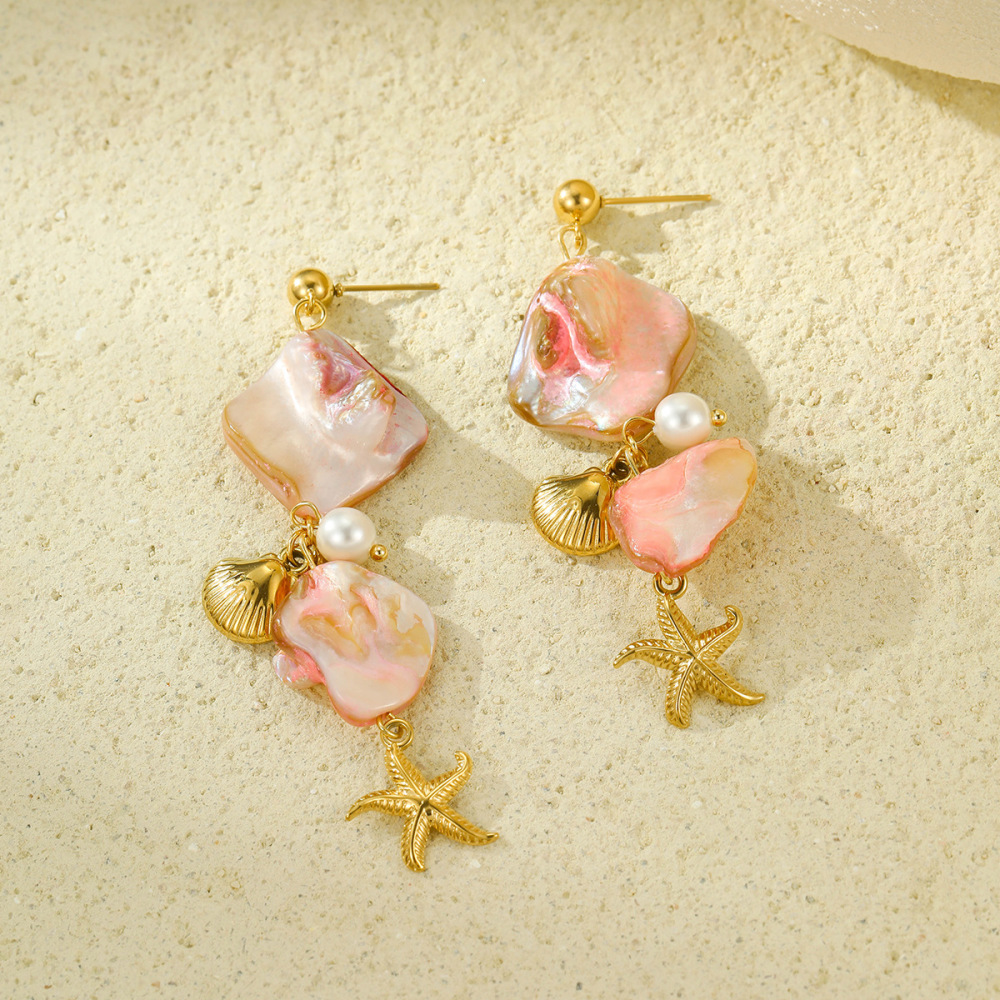 Boucles D'Oreilles Femme Série Romantique Coquillage Rose Et Étoile De Mer Image5