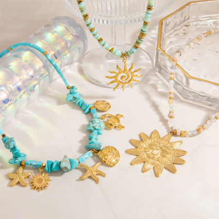 Colliers De Perles Pour Femmes Designable Sun En Acier Inoxydable Étanche Couleur Or Avec Pierres Naturelles