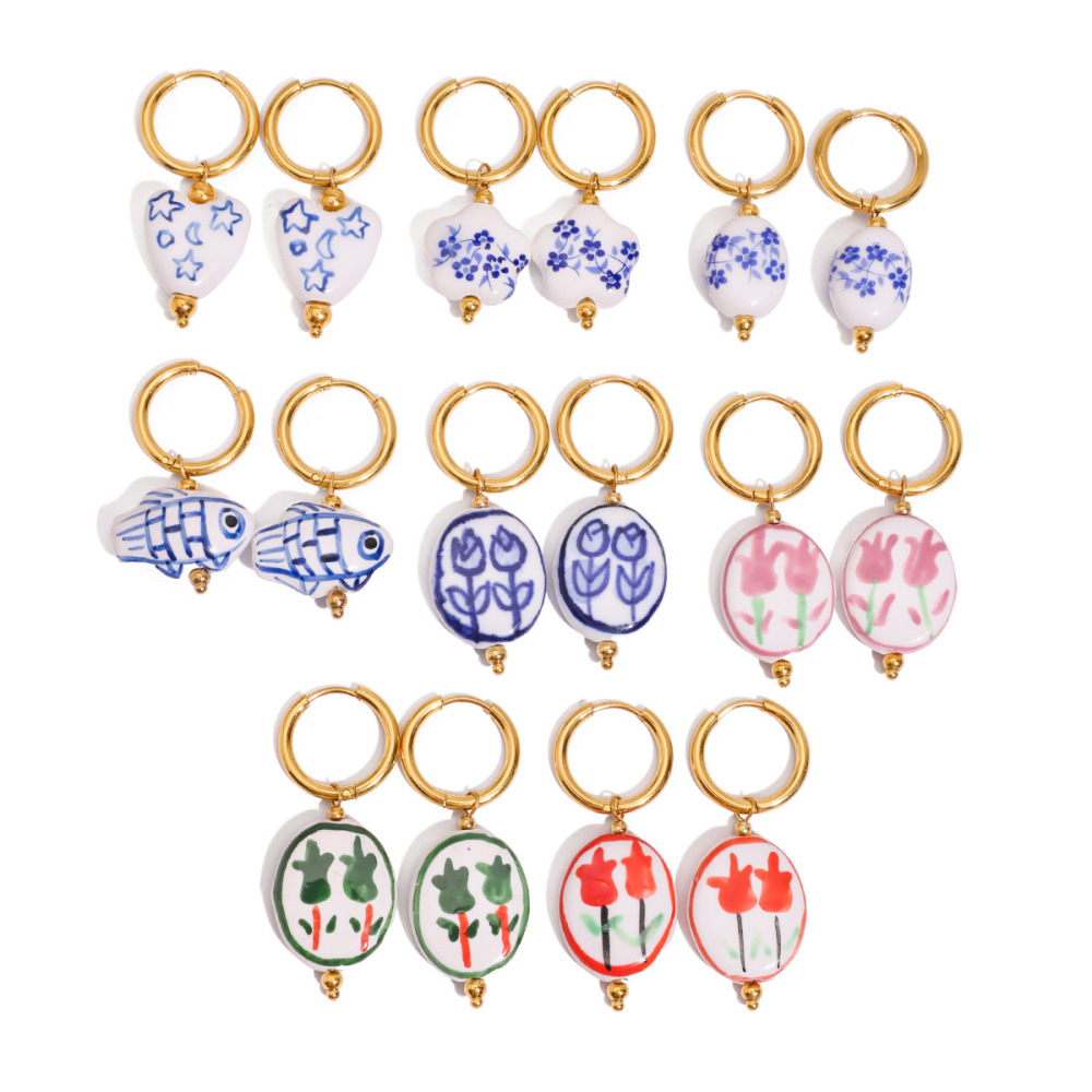 Boucles D'Oreilles Pendantes En Céramique Dorée Avec Des Animaux Mignons Image4