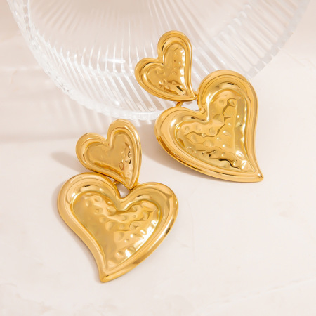 Boucles d'oreilles pendantes pour femme, en acier inoxydable doré, en forme de cœur (1 paire). 2