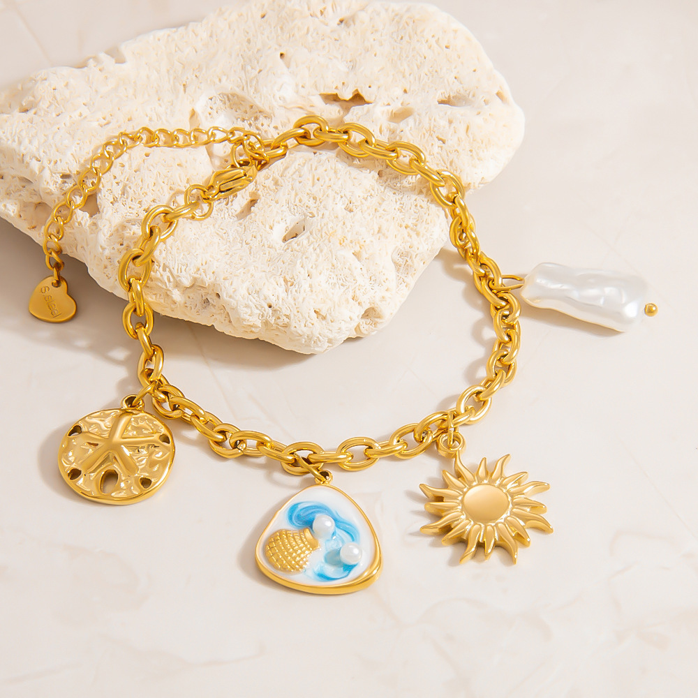 Bracelet À Breloques Pour Femme En Acier Inoxydable, Imperméable Et Couleur Or, Orné De Perles Artificielles. Image3