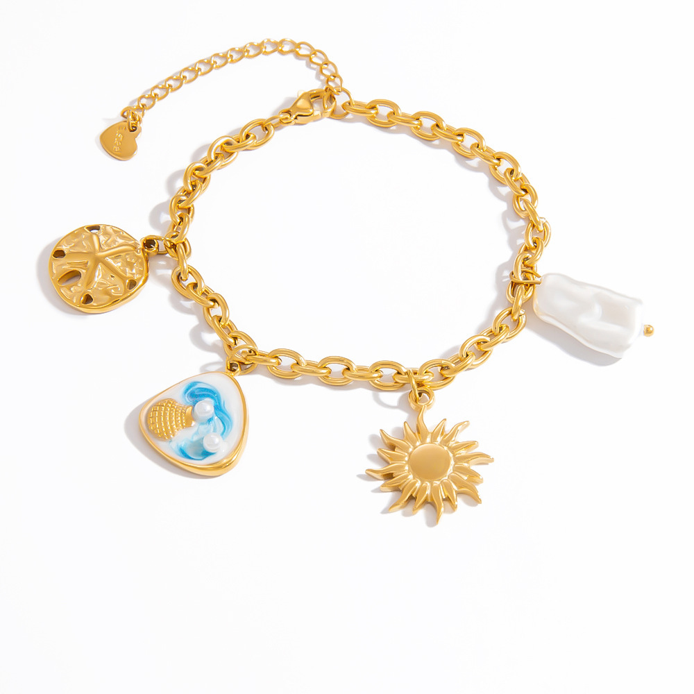 Bracelet À Breloques Pour Femme En Acier Inoxydable, Imperméable Et Couleur Or, Orné De Perles Artificielles. Image5