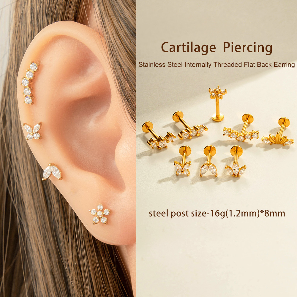 Boucles D'Oreilles Piercing En Acier Inoxydable Doré, Imperméables, Avec Zircon Et Motif Floral (1 Pièce). h5Image6