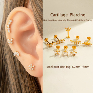 Boucles D'Oreilles Piercing En Acier Inoxydable Doré, Imperméables, Avec Zircon Et Motif Floral (1 Pièce). h5 Image6