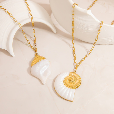 Collier pendentif femme luxueux en acier inoxydable, couleur or, motif coquillage