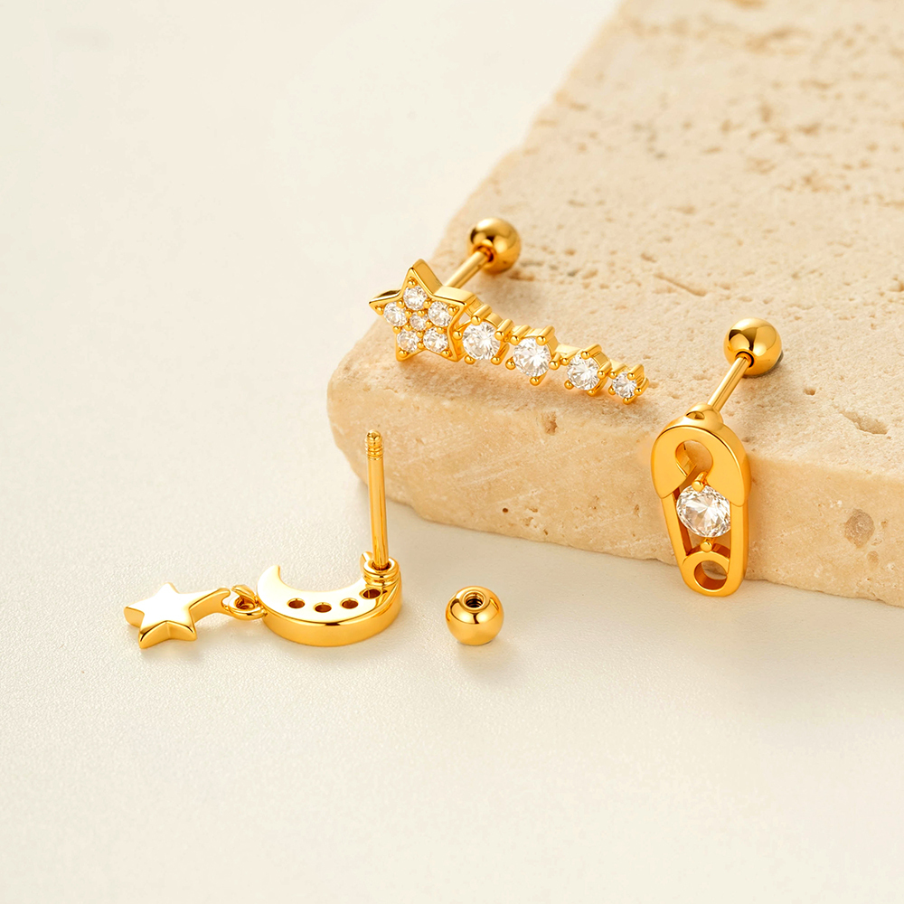 Boucles D'Oreilles Piercing En Zircon Couleur Or Et Cuivre Étoile Image3