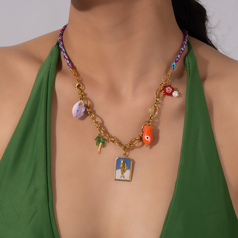 Colliers Pendentifs Pour Femmes En Acier Inoxydable Imperméable, Ornés D'Un Coquillage À Glaçure Huilée Colorée Image5