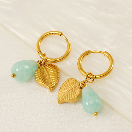 Boucles d'oreilles pendantes en acier inoxydable doré, imperméables, motif feuilles 2