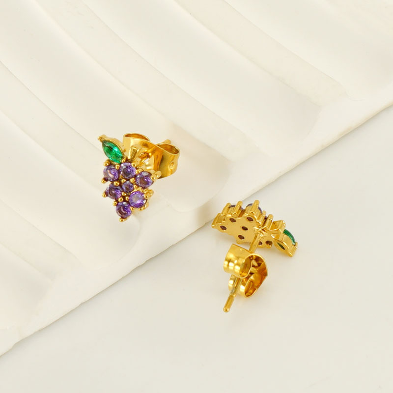 Boucles D'Oreilles Piercing En Acier Inoxydable Couleur Or, Motif Raisin Image4