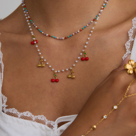 Collier pendentif Sweet Cherry en acier inoxydable étanche couleur or 2