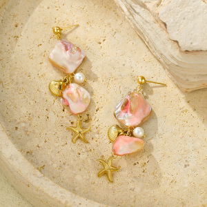 Boucles D'Oreilles Femme Série Romantique Coquillage Rose Et Étoile De Mer h5 Image3