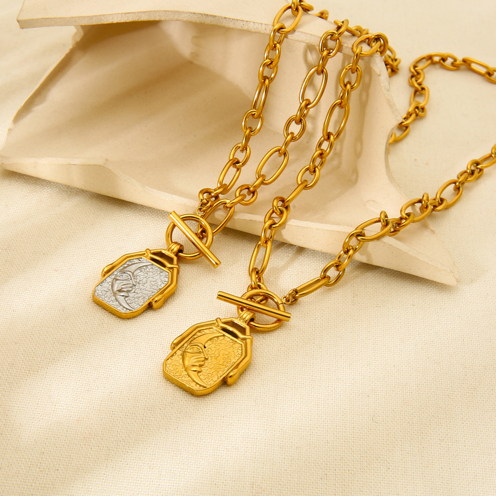 1 Paire De Colliers Pendentifs Unisexes Rétro Soleil/Lune En Acier Inoxydable Étanche Couleur Or De La Série Classique Image3