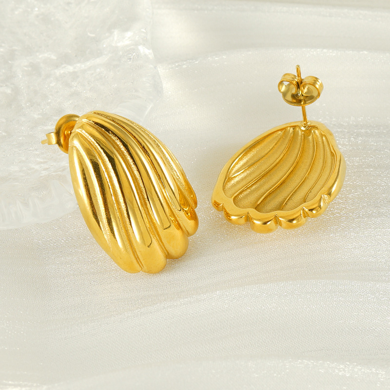 Boucles D'Oreilles Puces En Acier Inoxydable Étanche Couleur Or, En Forme De Coquillage h5Image4