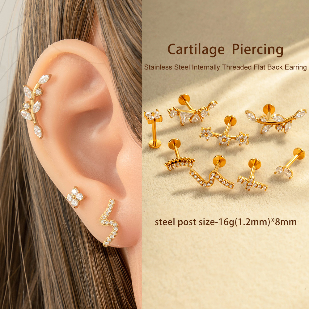 Boucles D'Oreilles Piercing En Acier Inoxydable Étanche Couleur Or Avec Zircon (1 Pièce) Image4