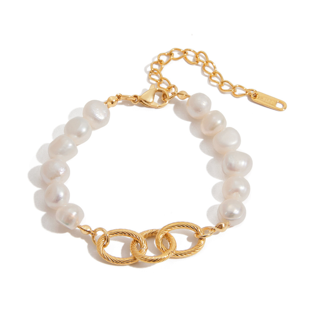 Bracelet Élégant En Acier Inoxydable Étanche Couleur Or Avec Perles 