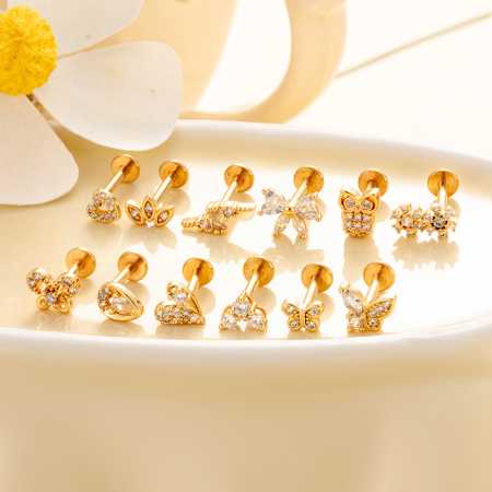 1 pièce de boucles d'oreilles piercing pour femme en forme de cœur simple, couleur cuivre et or, zircone