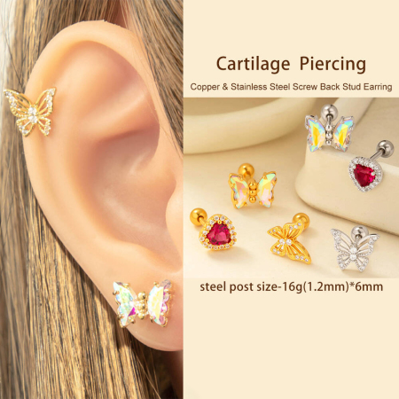 1 pièce de boucles d'oreilles piercing pour femme en forme de cœur simple, couleur cuivre et or, zircone 2